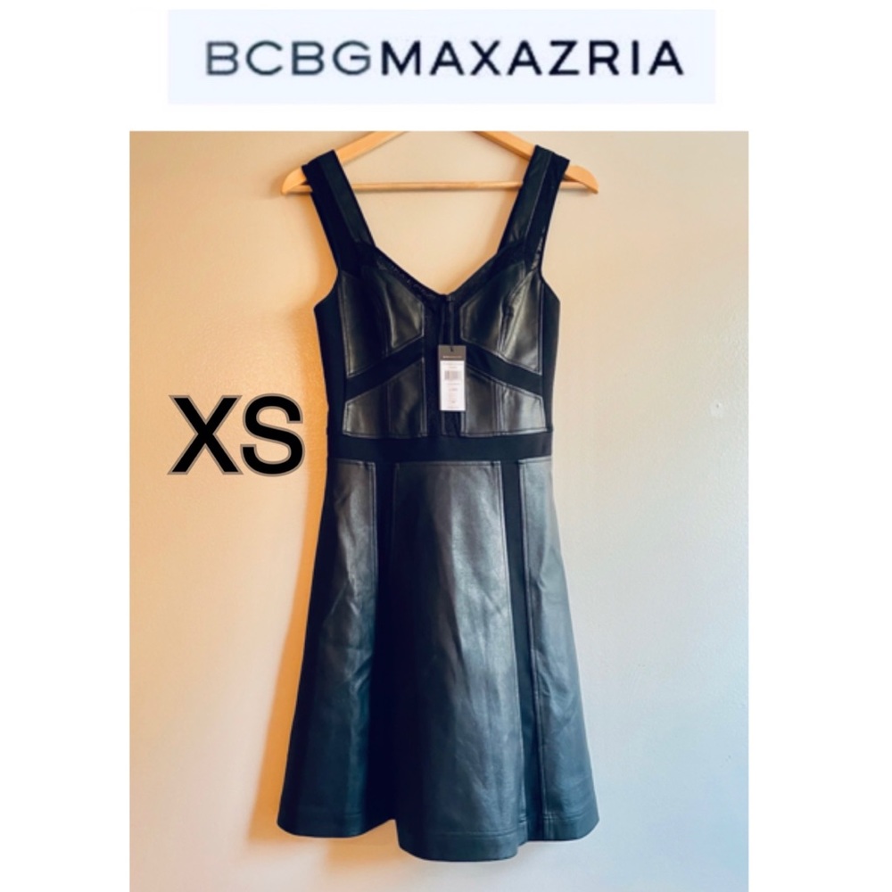 NWT BCBGMAXAZRIA black leather vegan flared A line knee length patchwork lace XS